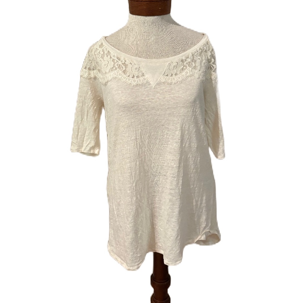 Anthropologie Bordeaux linen lace tunic top cream Medium